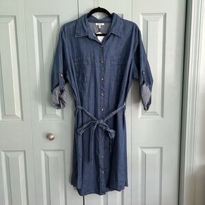 MPH Chambray Button Front Midi Dress 1X Belted Collared Roll Tab Sleeves‎